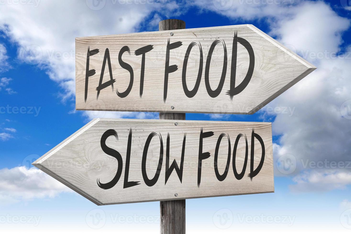 Slow Food, Fast Food - Wooden Signpost with Two Arrows and Cloudy Sky in Background photo