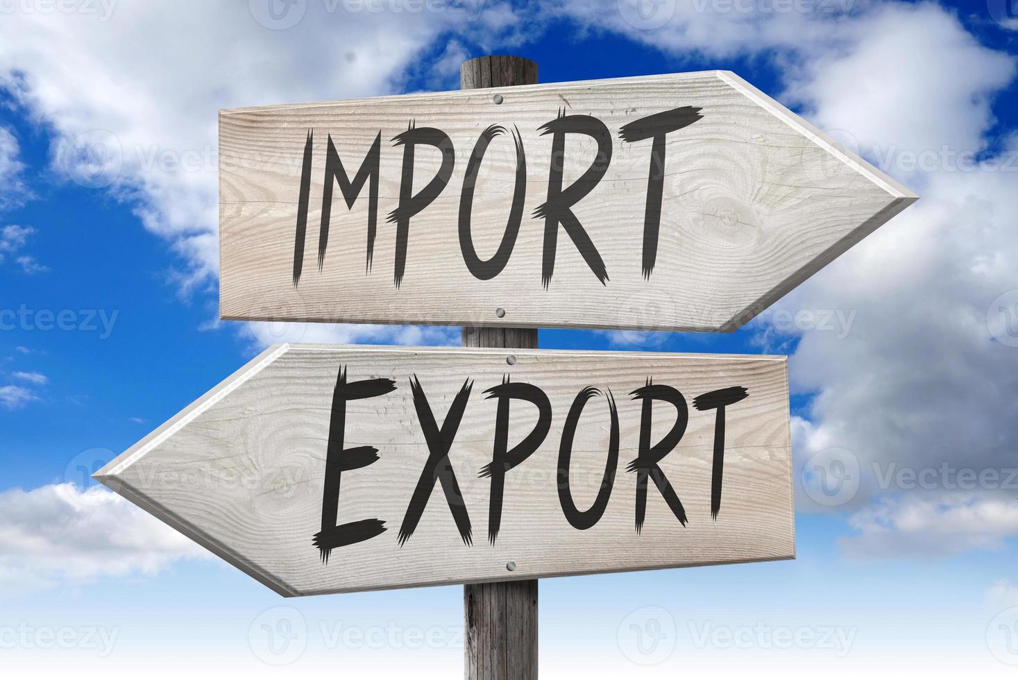 Import, Export - Wooden Signpost with Two Arrows and Cloudy Sky in Background photo