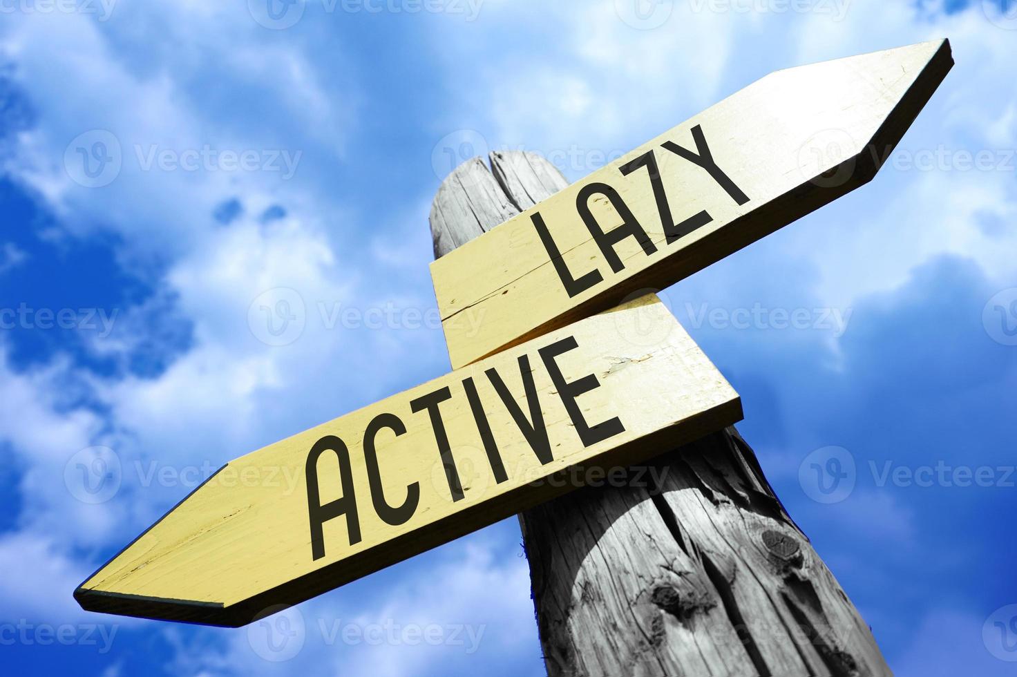 Active, Lazy - Wooden Signpost with Two Arrows and Sky in Background photo