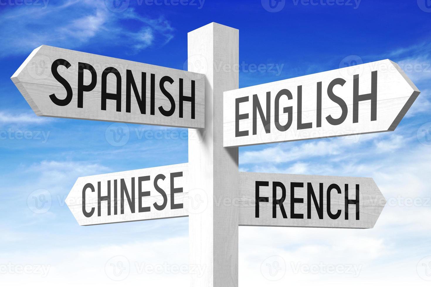 Languages Concept - Wooden Signpost with Four Arrows and Sky in Background photo