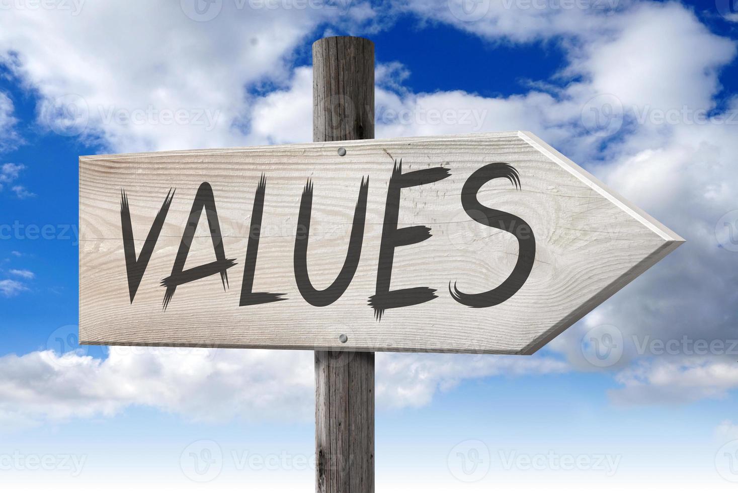 Values - Wooden Signpost with one Arrow and Cloudy Sky in Background photo