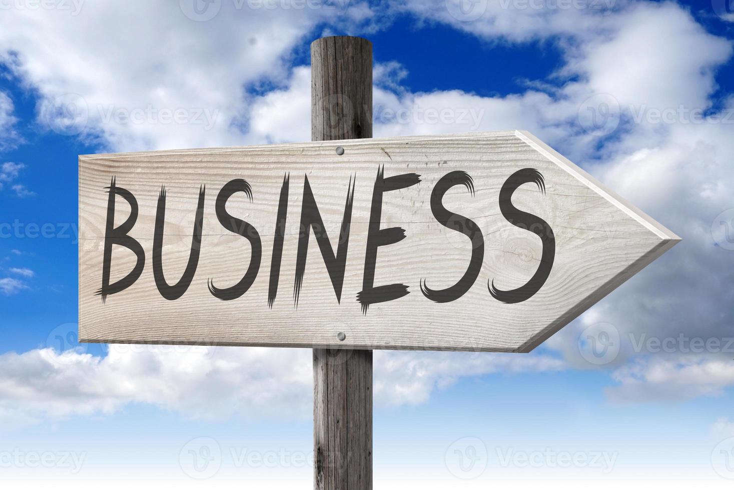 Business - Wooden Signpost with one Arrow and Cloudy Sky in Background photo