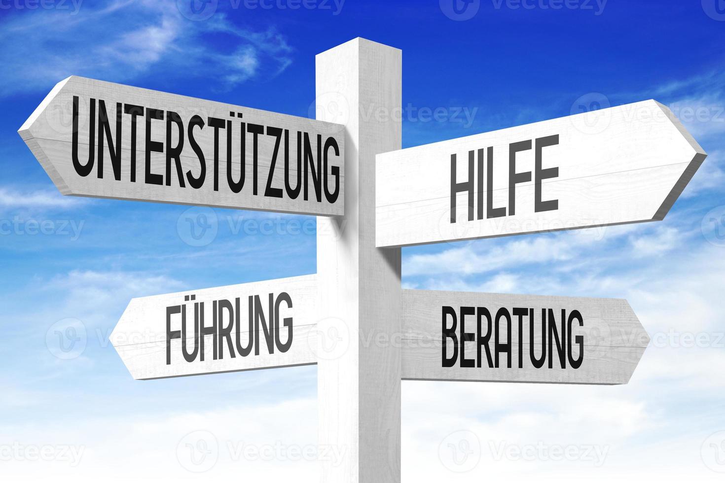 Help Concept in German - Wooden Signpost with Four Arrows and Sky in Background photo