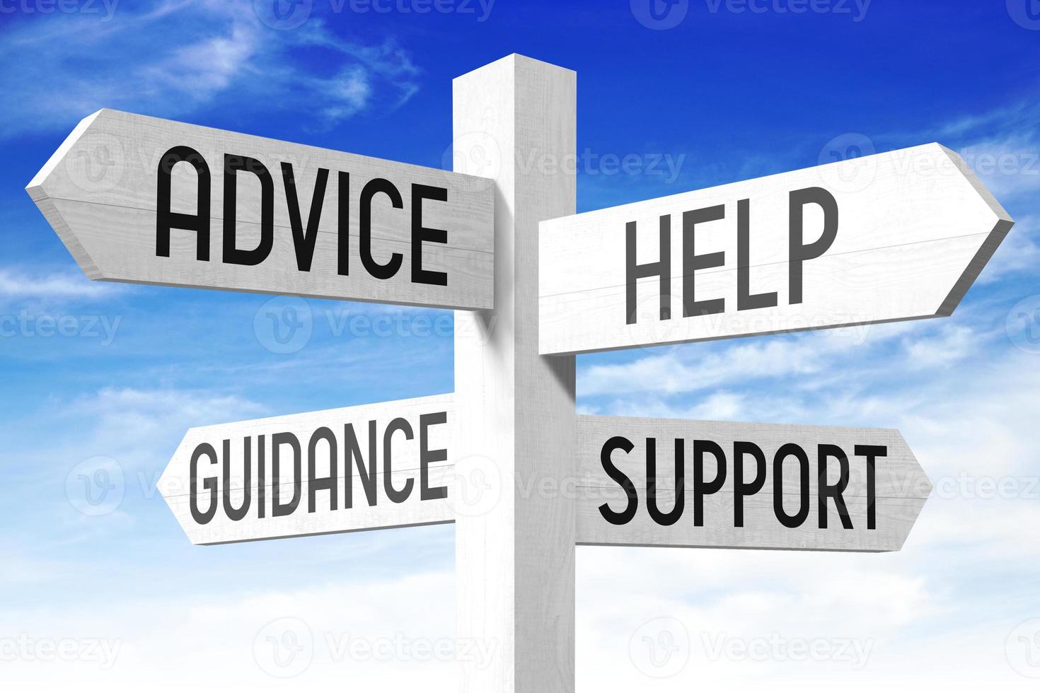 Help, Support, Advice, Guidance - Wooden Signpost with Four Arrows and Sky in Background photo