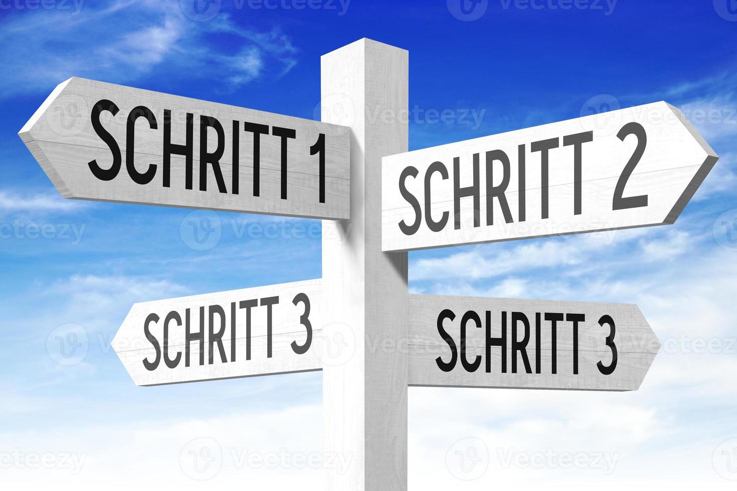 Steps Concept in German - Wooden Signpost with Four Arrows and Sky in Background photo