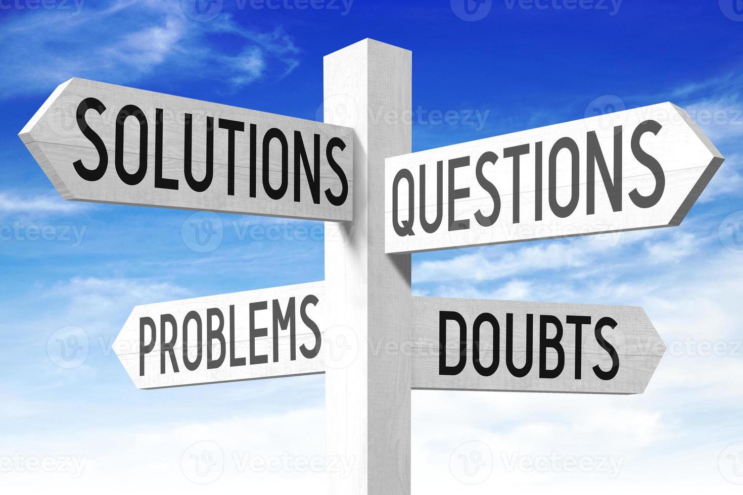 Problems Concept - Wooden Signpost with Four Arrows and Sky in Background photo