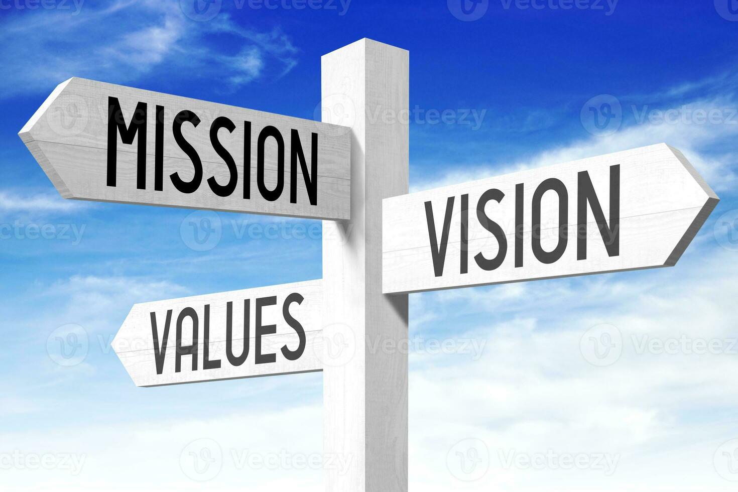 Mission, Vision, Values - Wooden Signpost with Three Arrows and Sky in Background photo