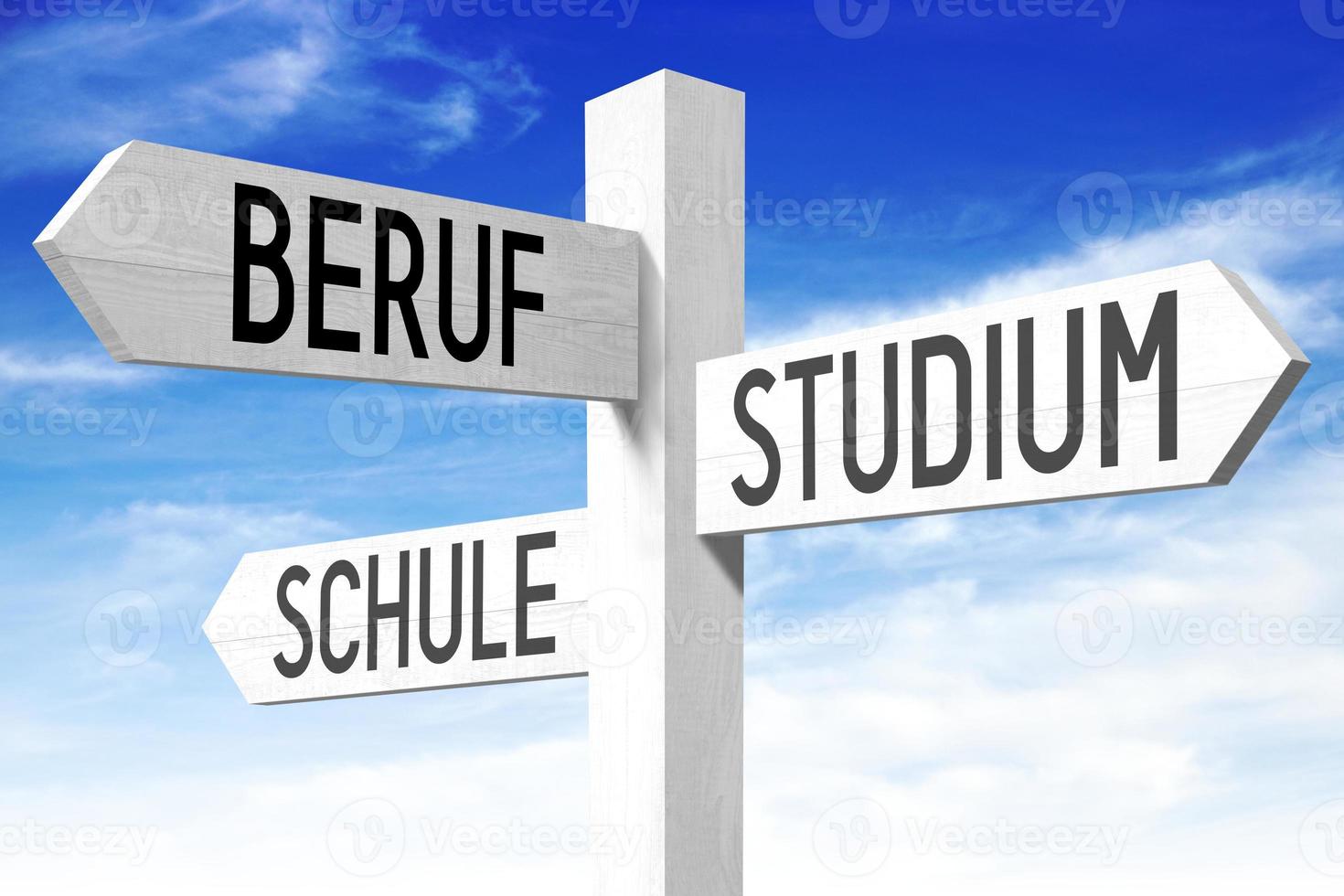 Profession, Studies, School in German - Wooden Signpost with Three Arrows and Sky in Background photo