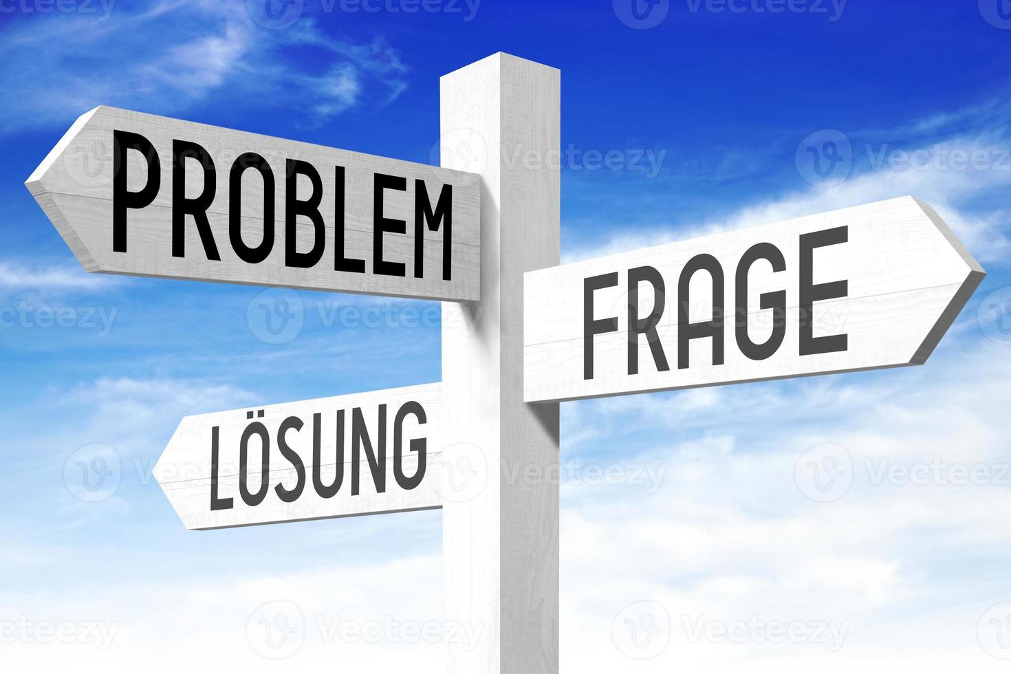 Problem Concept - Wooden Signpost with Three Arrows and Sky in Background photo