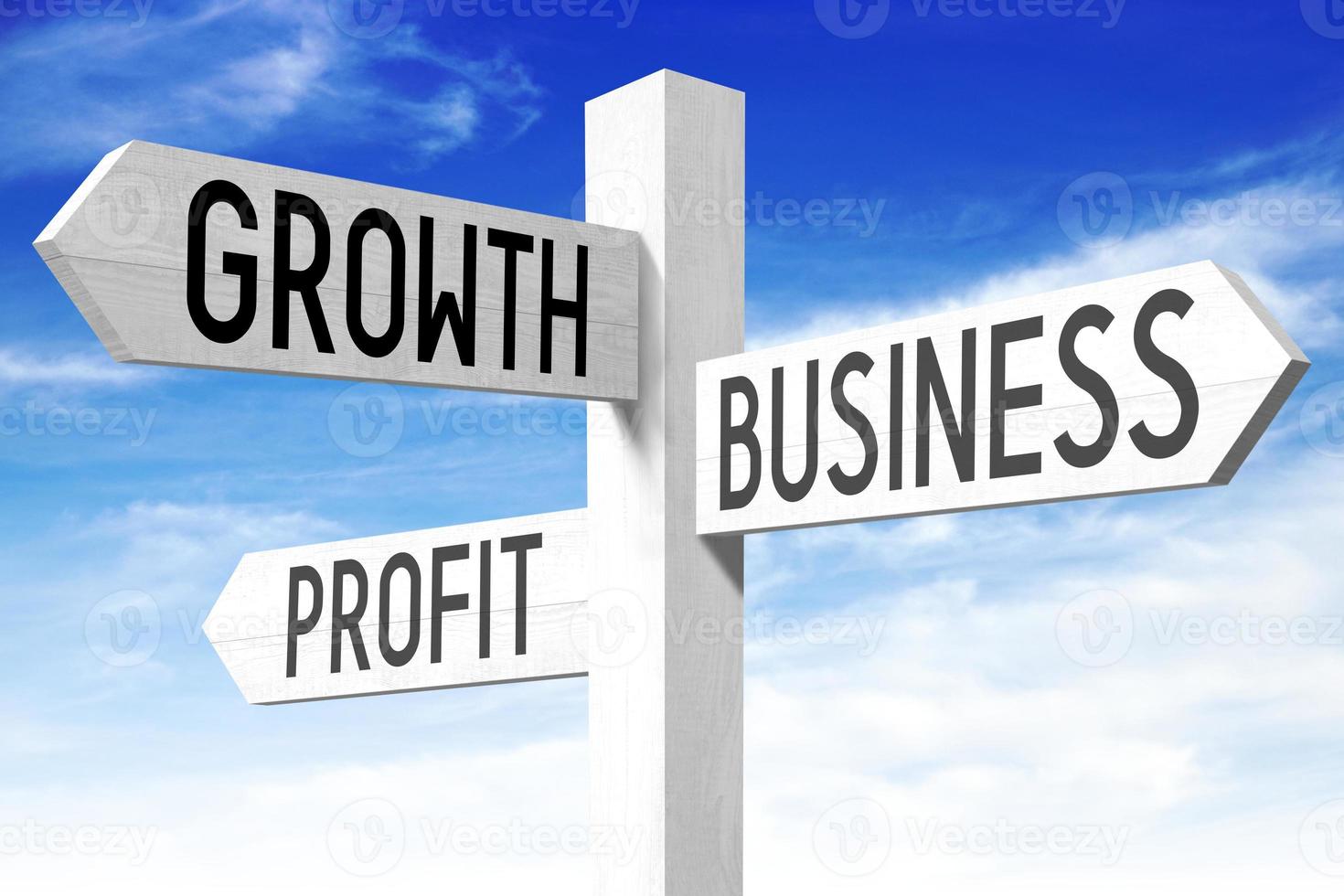 Business Concept - Wooden Signpost with Three Arrows and Sky in Background photo