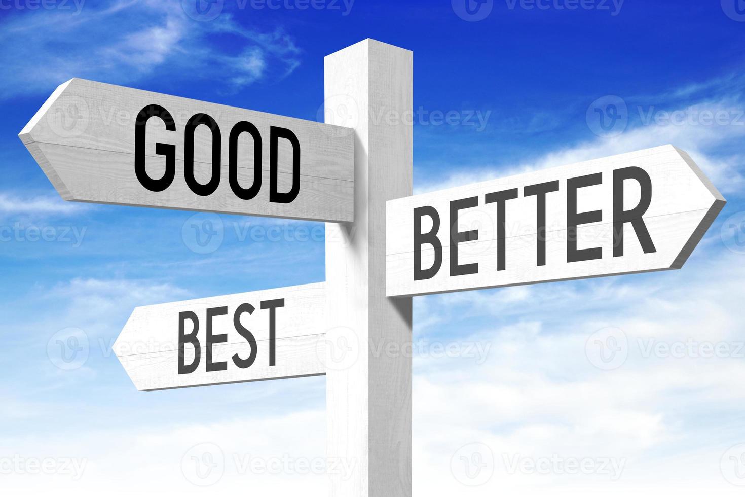 Good, Better, Best - Wooden Signpost with Three Arrows and Sky in Background photo