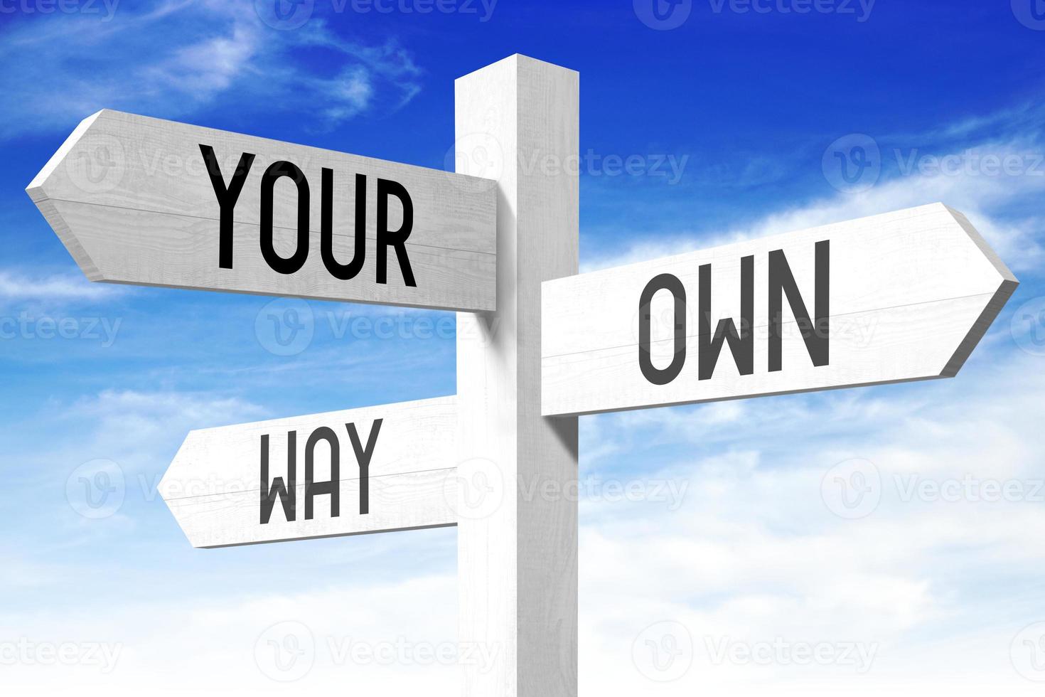 Your Own Way - Wooden Signpost with Three Arrows and Sky in Background photo