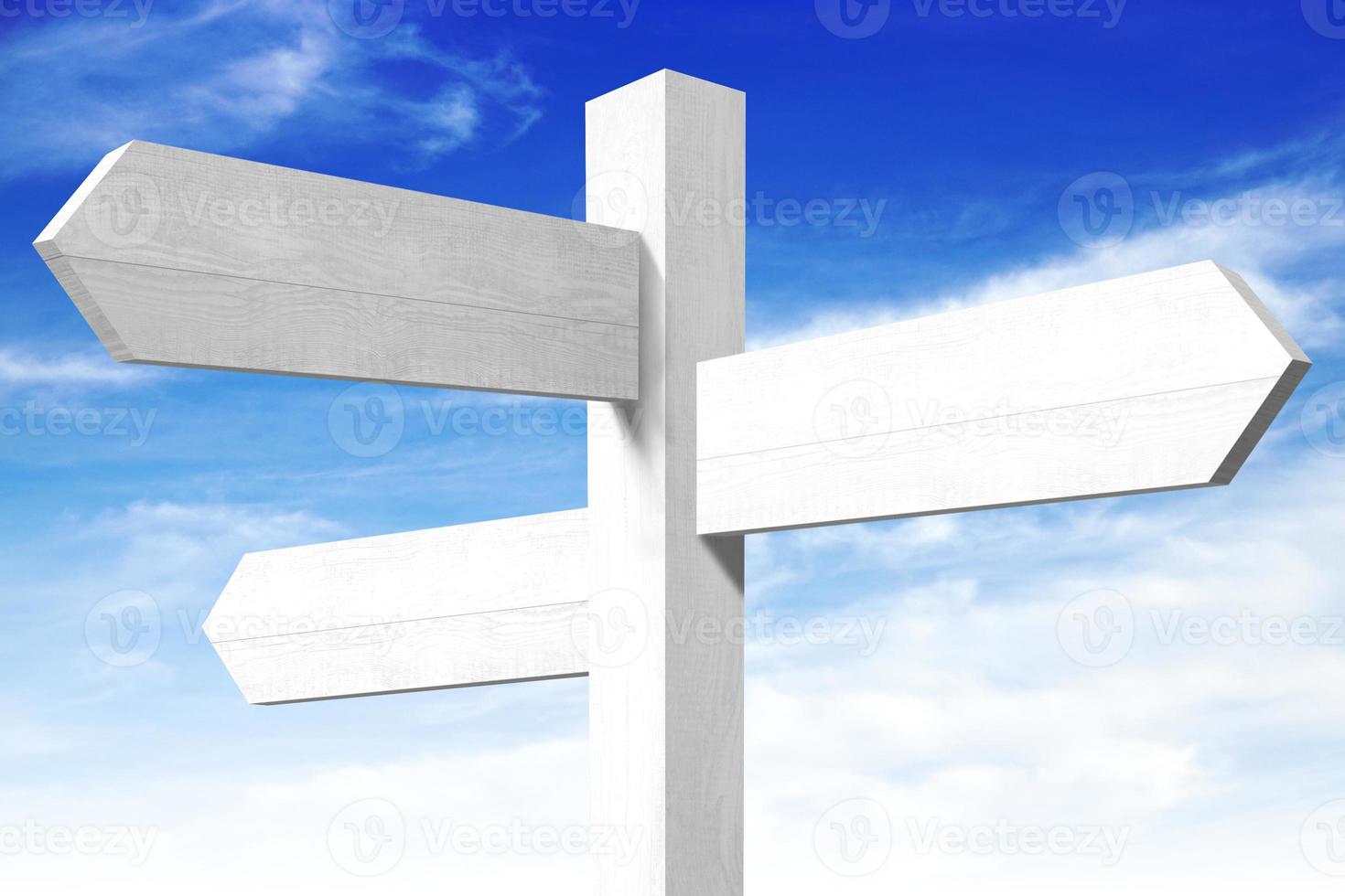 Empty Wooden Signpost with Three Arrows and Sky in Background photo