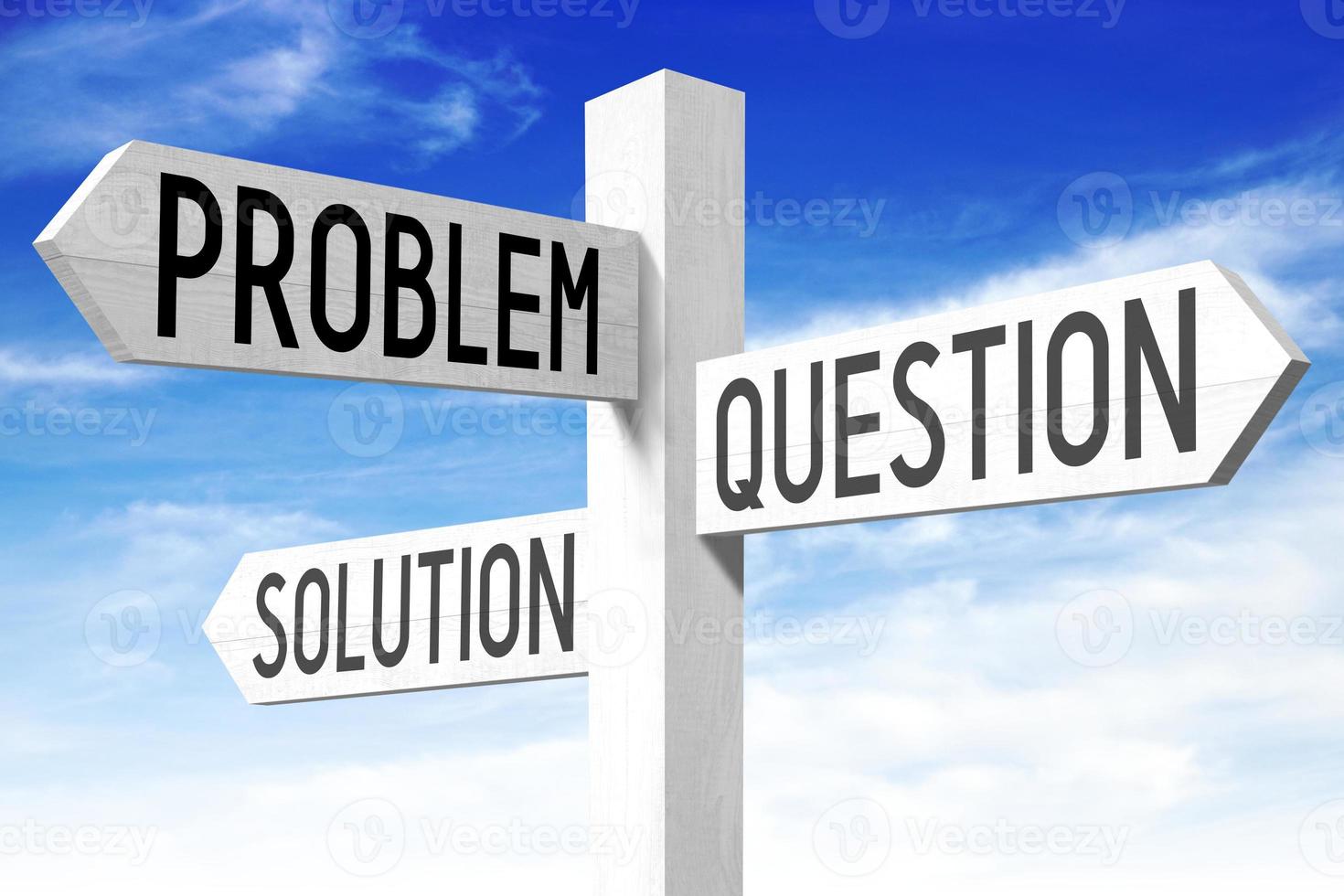 Problem, Solution - Wooden Signpost with Three Arrows and Sky in Background photo