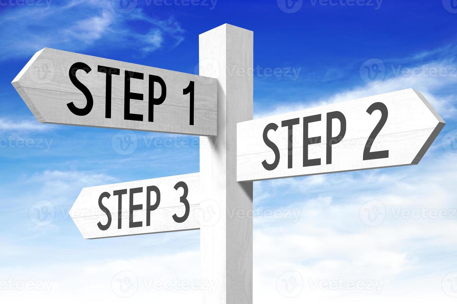 Steps Concept - Wooden Signpost with Three Arrows and Sky in Background photo