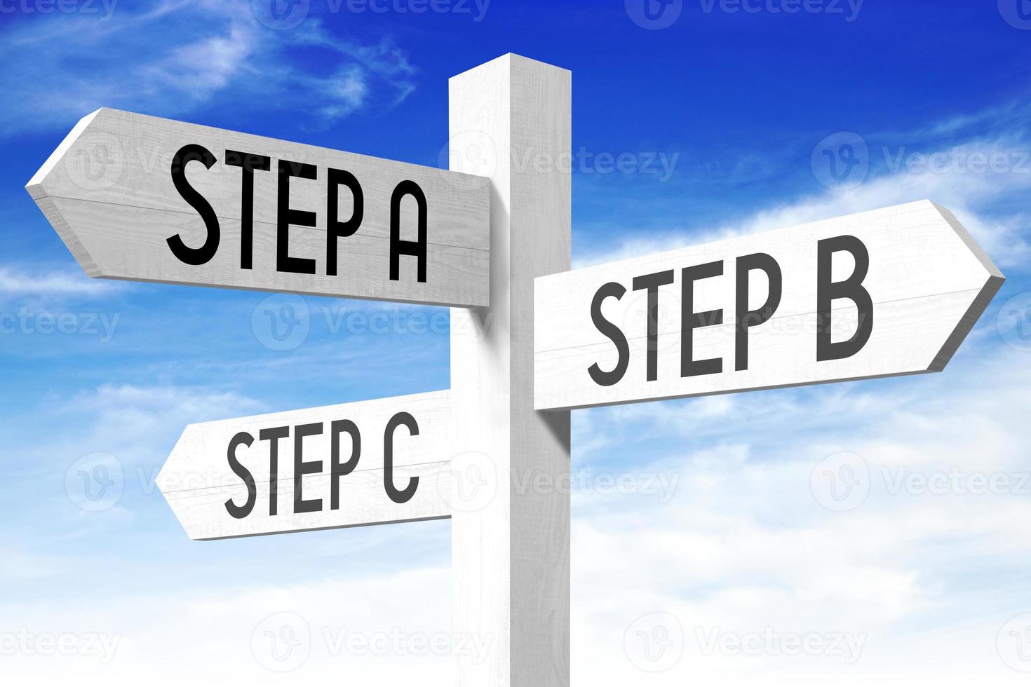 Steps A, B, C - Wooden Signpost with Three Arrows and Sky in Background photo