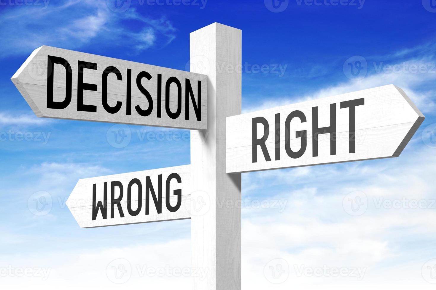 Decision Right or Wrong - Wooden Signpost with Three Arrows and Sky in Background photo