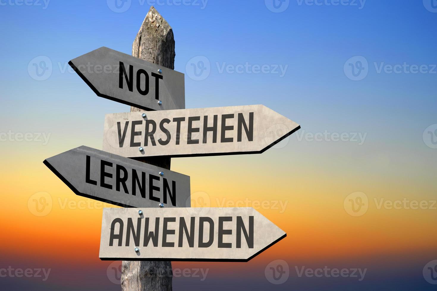 Need, understanding, Learning, Use in German - Wooden Signpost photo