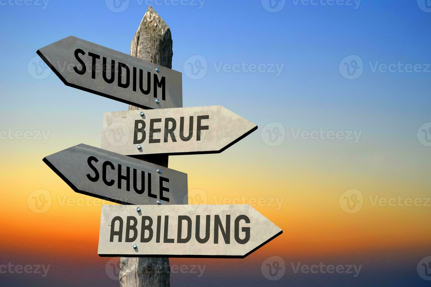Studies, Job, School, Education in German - Wooden Signpost photo