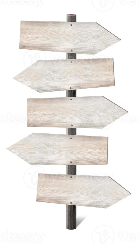 Wooden Signpost with Five Arrows Isolated on White Background photo