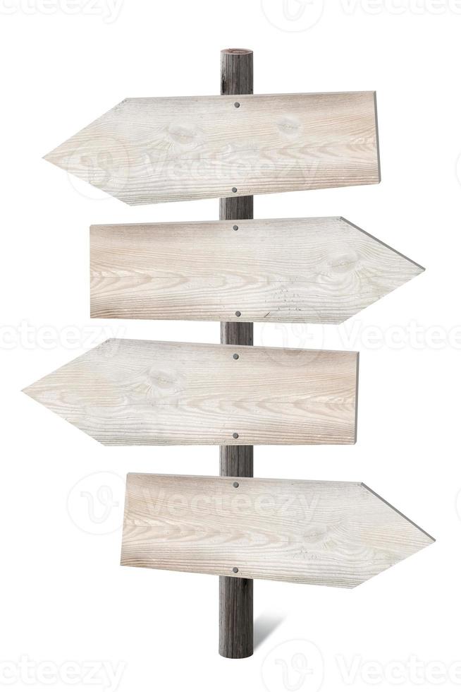 Wooden Signpost with Four Arrows Isolated on White Background photo