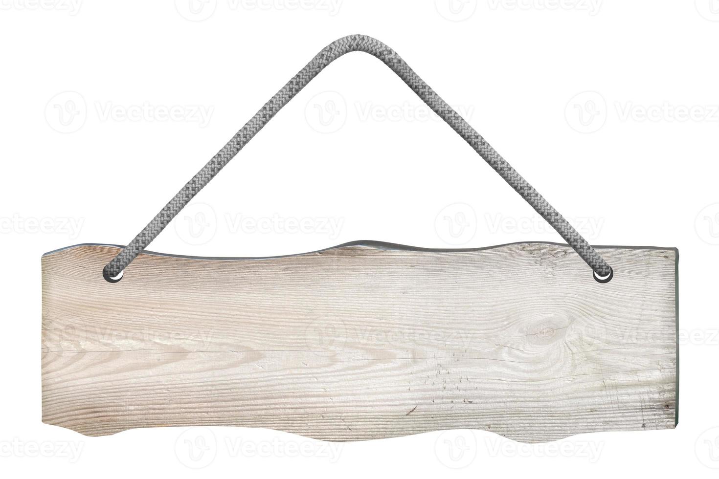 Empty Wooden Board Hanging on A Rope Isolated on White Background photo