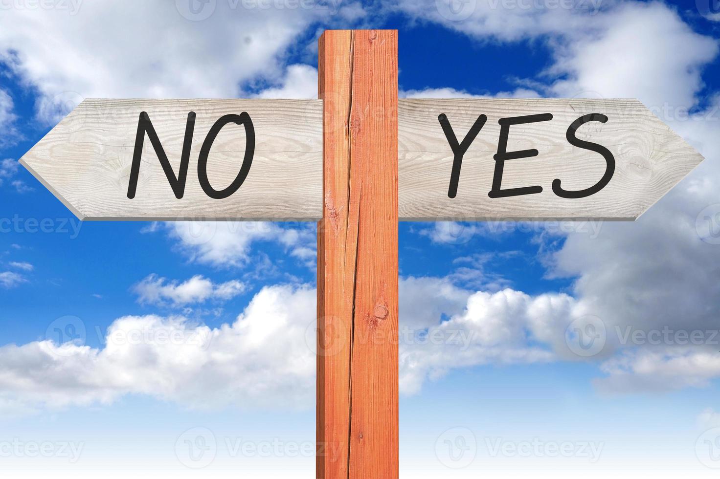 Yes or No - Wooden Signpost with Two Arrows and Cloudy Sky photo