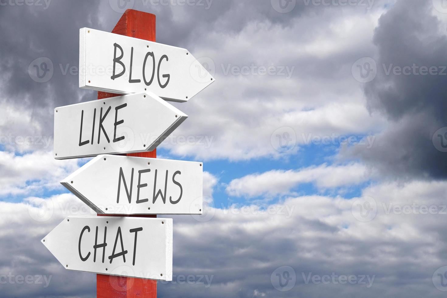 Blog, Like, News, Chat - Wooden Signpost with Four Arrows photo