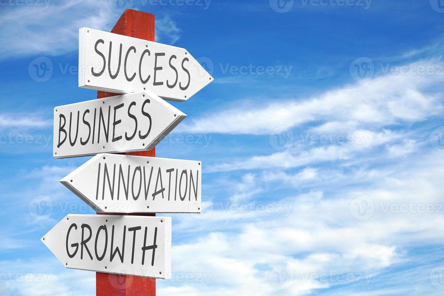 Business, Success, Innovation, Growth - Wooden Signpost with Four Arrows photo