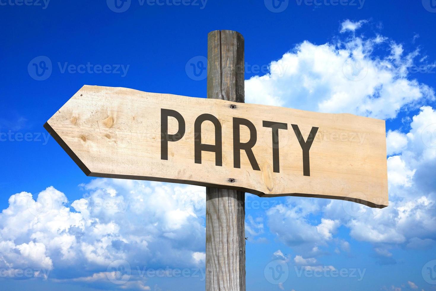 Party - Wooden Signpost with one Arrow, Sky with Clouds in Background photo