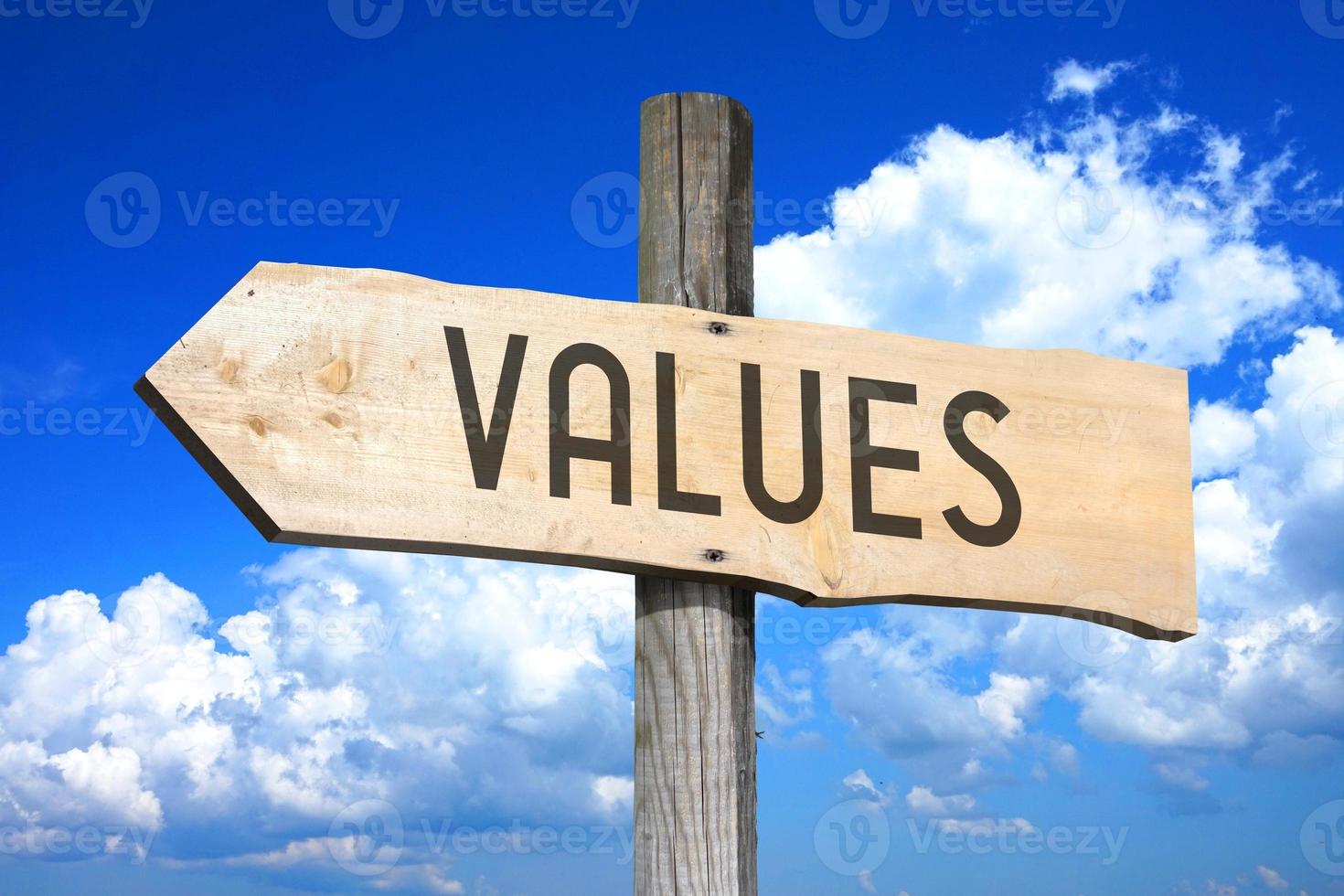 Values - Wooden Signpost with one Arrow, Sky with Clouds in Background photo