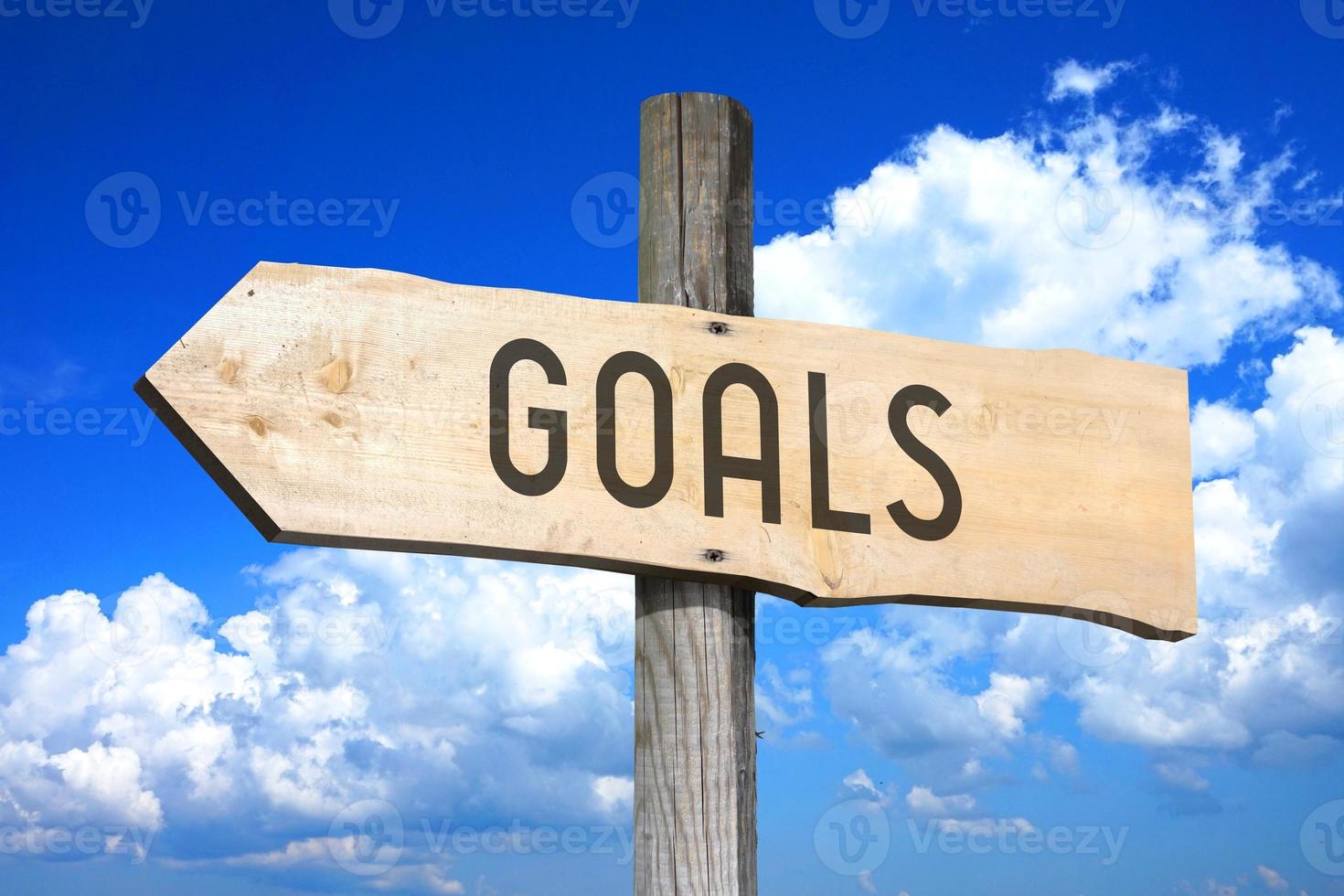 Goals - Wooden Signpost with one Arrow, Sky with Clouds in Background photo