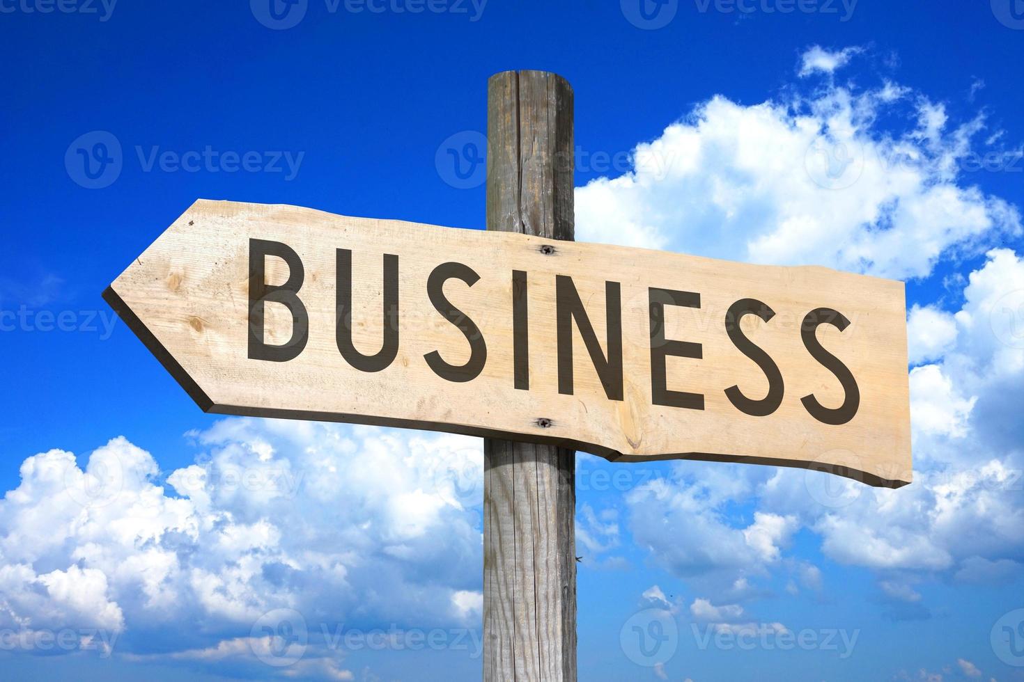 Business - Wooden Signpost with one Arrow, Sky with Clouds in Background photo