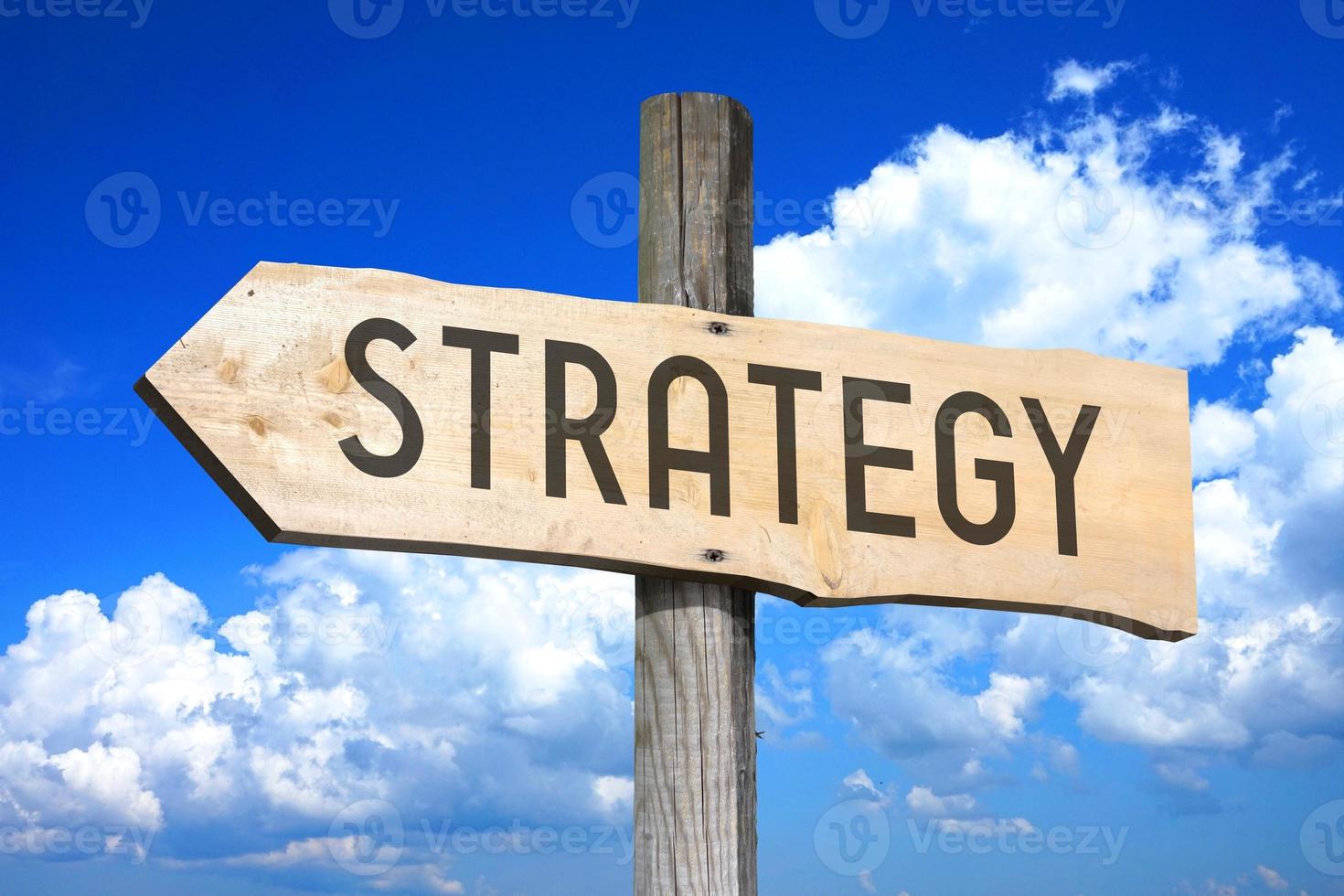 Strategy - Wooden Signpost with one Arrow, Sky with Clouds in Background photo