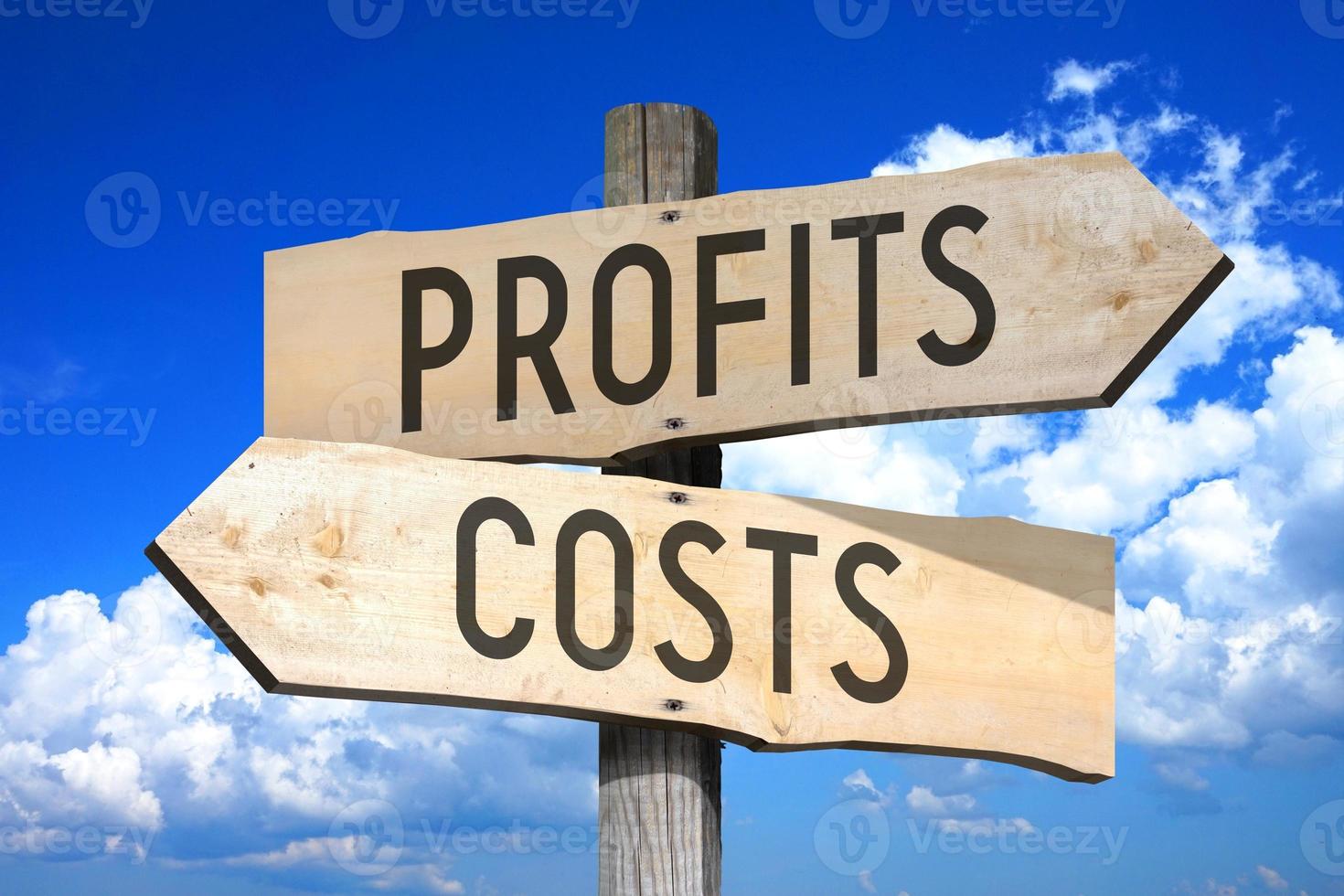 Profits, Costs - Wooden Signpost with Two Arrows, Sky with Clouds in Background photo