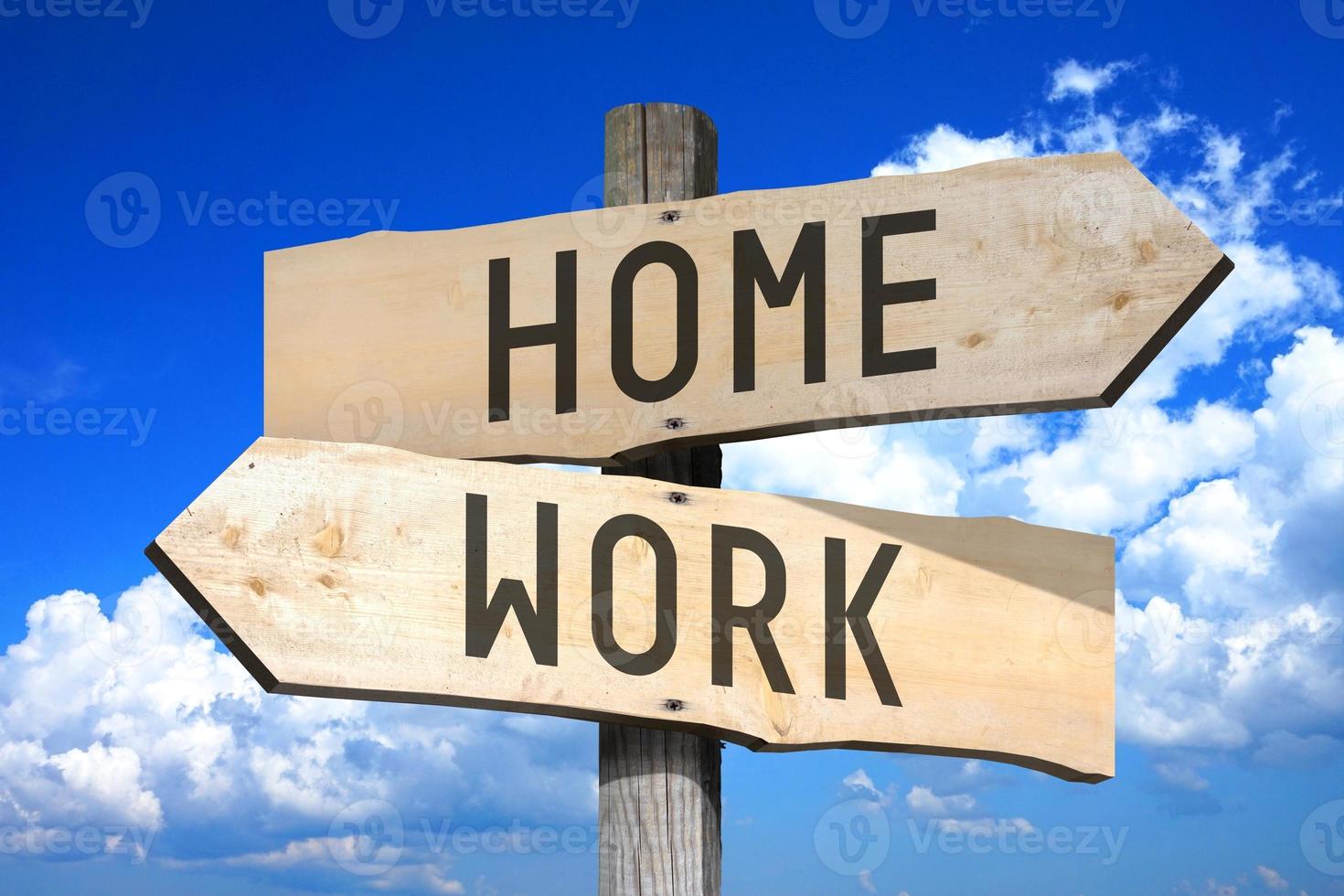 Home, Work - Wooden Signpost with Two Arrows, Sky with Clouds in Background photo