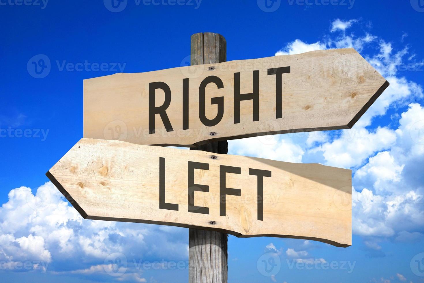 Right, Left - Wooden Signpost with Two Arrows, Sky with Clouds in Background photo