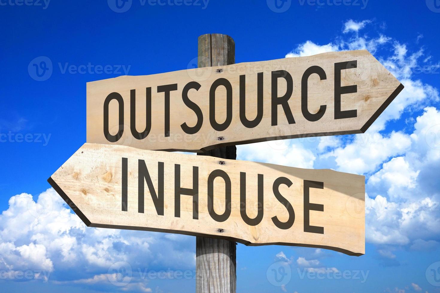 Outsource, Inhouse - Wooden Signpost with Two Arrows, Sky with Clouds in Background photo