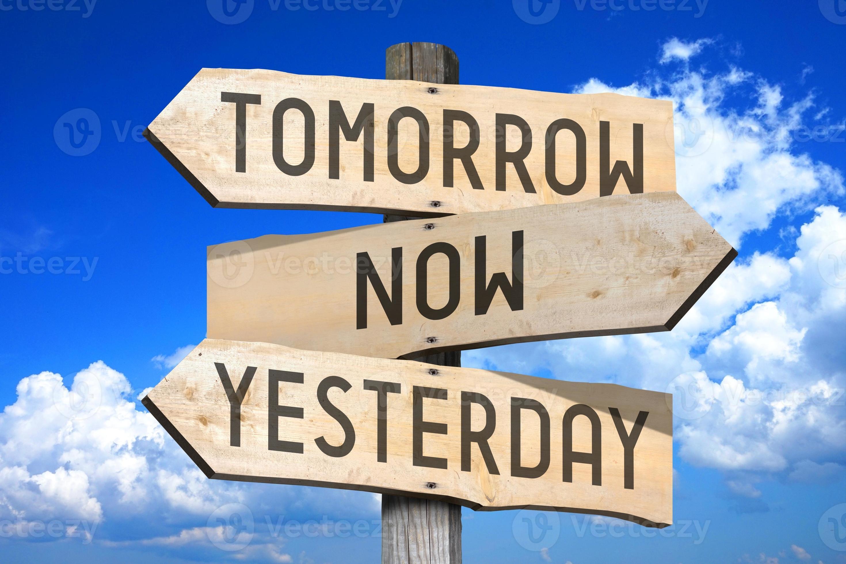 Tomorrow, Now, Yesterday Time Concept Wooden Signpost with Three
