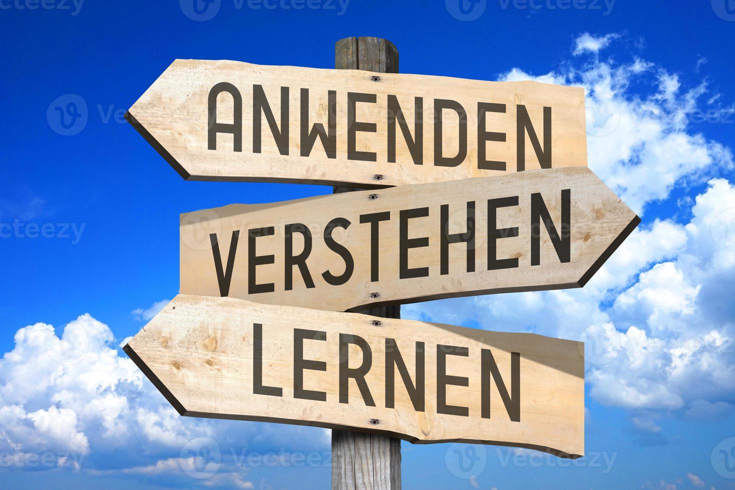 Learn, Undestand, Use in German - Wooden Signpost with Three Arrows photo