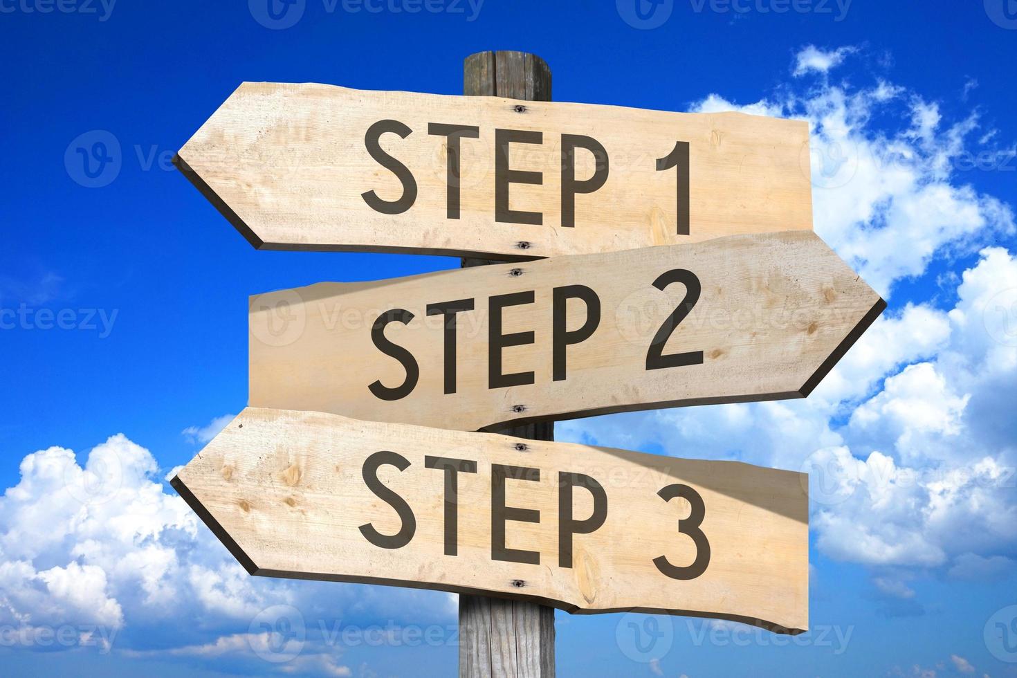 Steps 1, 2, 3 - Wooden Signpost with Three Arrows, Sky with Clouds in Background photo