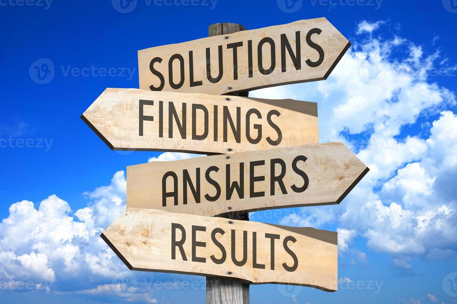 Solutions, Findings, Answers, Results - Wooden Signpost with Four Arrows, Sky with Clouds in Background photo