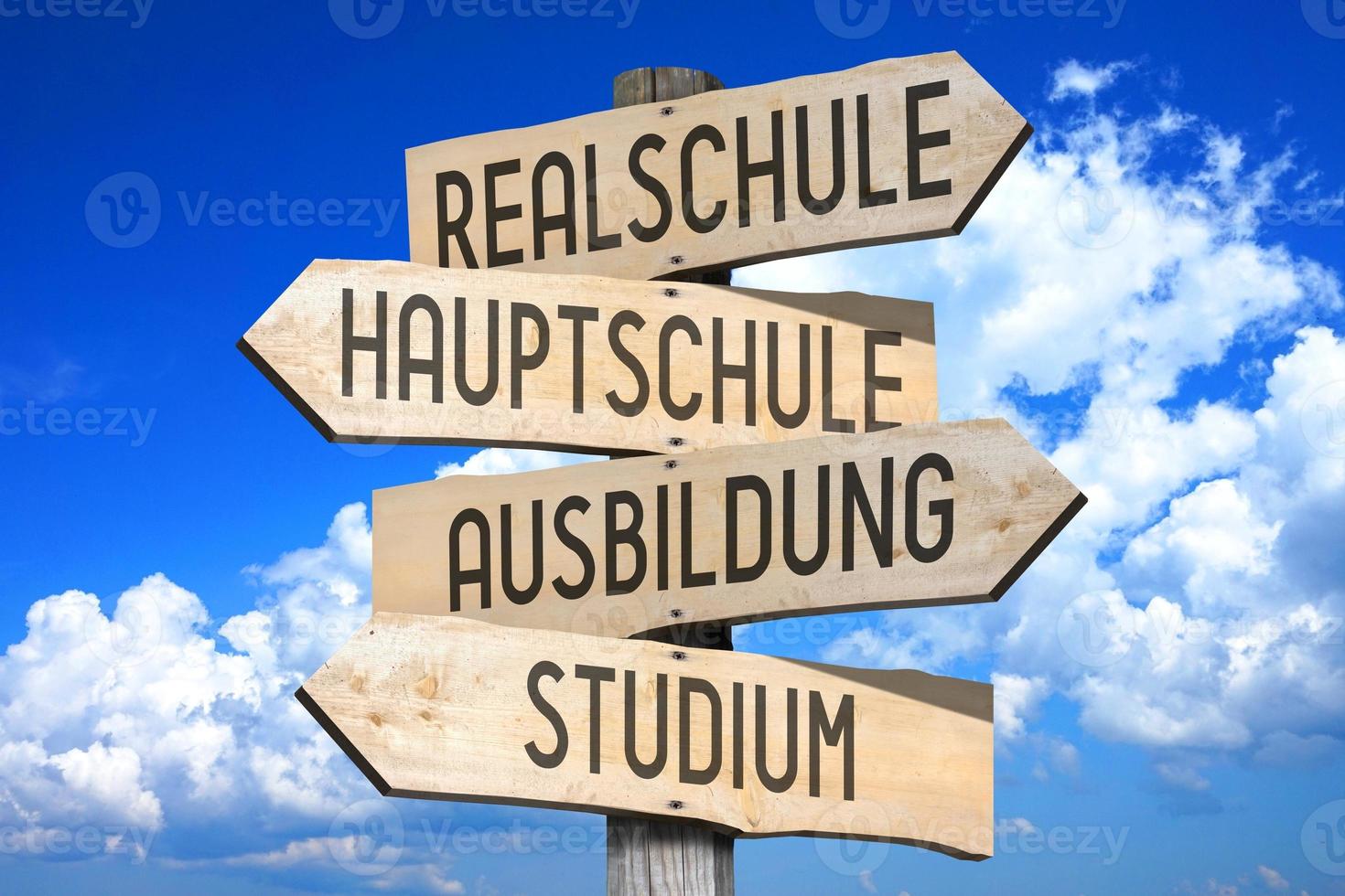 Elementary School, Highschool, Studies, University in German - Wooden Signpost with Four Arrows photo