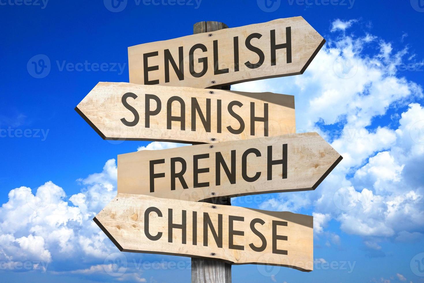 English, Spanish, French, Chinese - Languages Concept - Wooden Signpost with Four Arrows photo