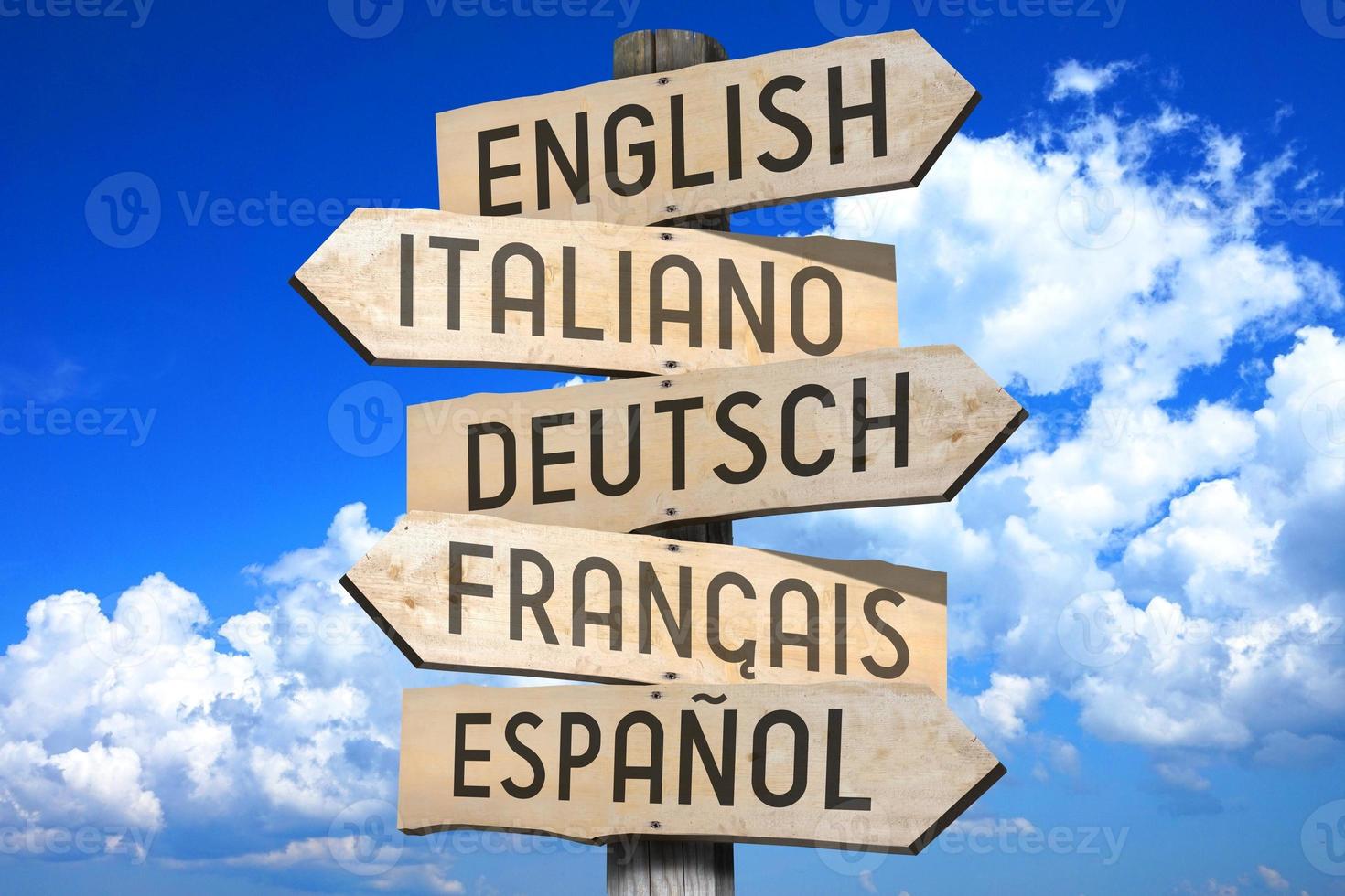 English, Italian, German, French, Spanish - Languages Concept - Wooden Signpost with Five Arrows photo