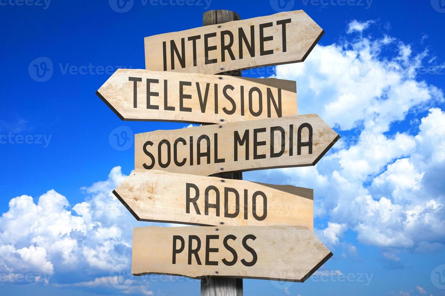 Internet, Television, Social Media, Radio, Press - Wooden Signpost with Five Arrows photo