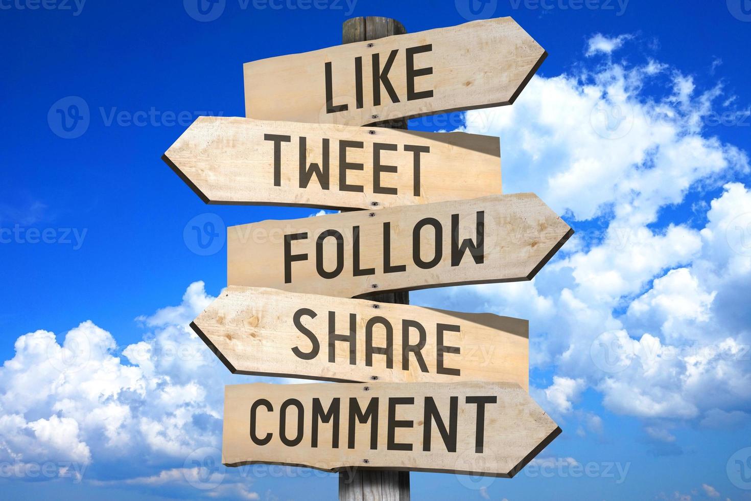 Like, Tweet, Follow, Share, Comment - Social Media Concept - Wooden Signpost with Five Arrows photo