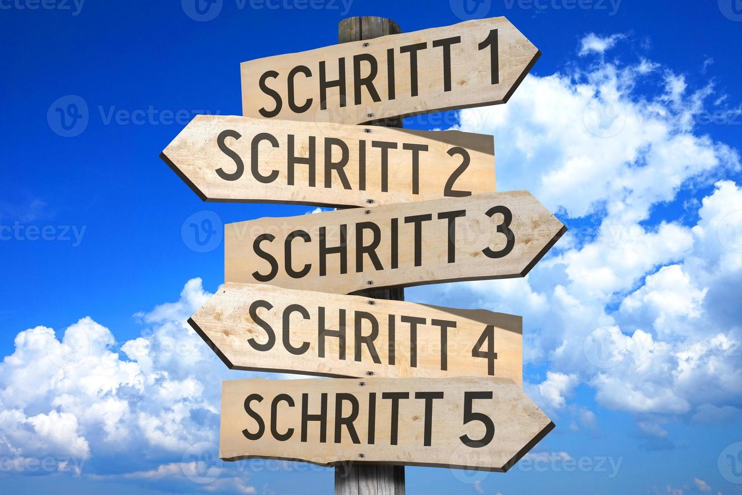 Steps 1, 2, 3, 4, 5 in German - Wooden Signpost with Five Arrows, Sky with Clouds in Background photo