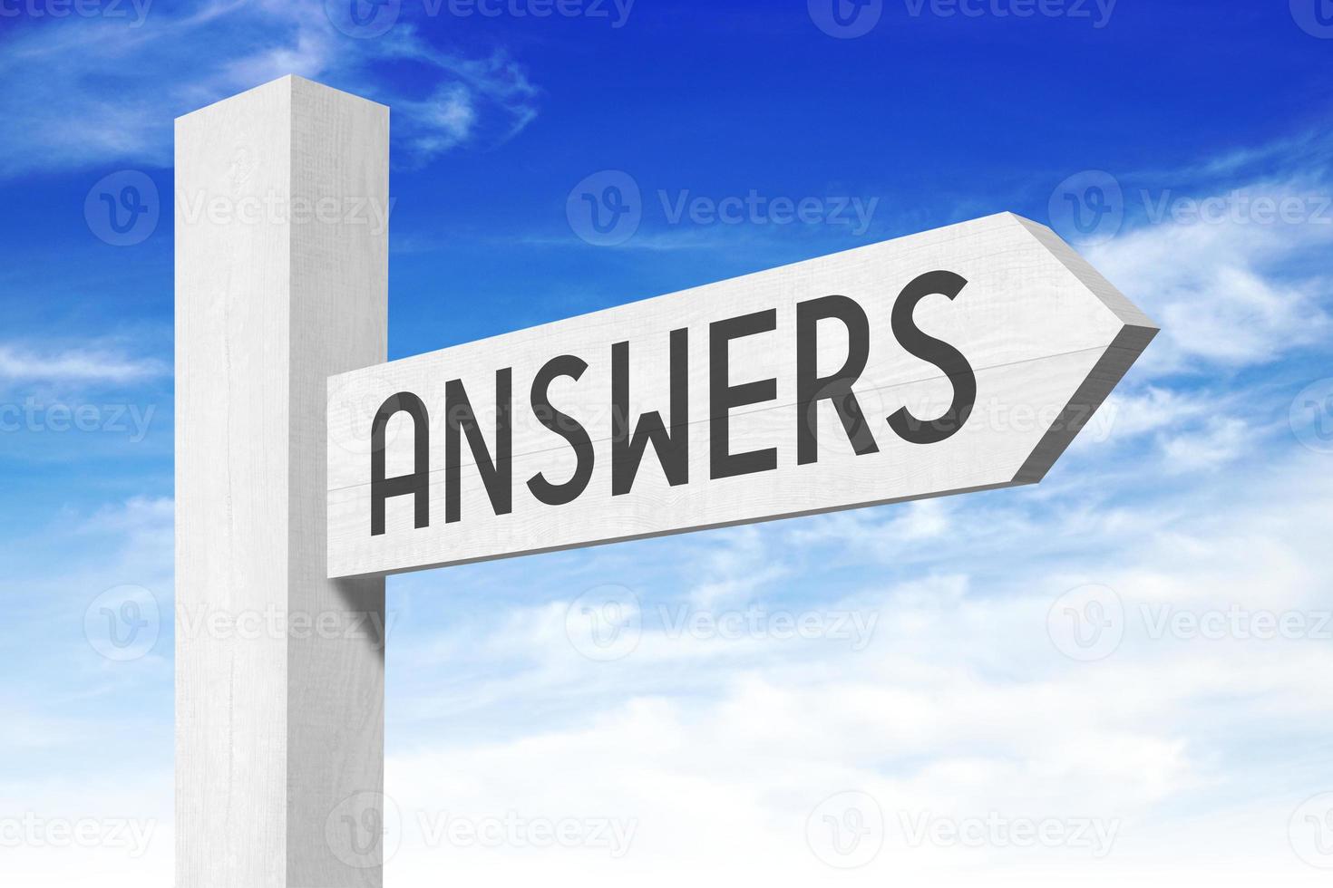 Answers - White Wooden Signpost with one Arrow photo