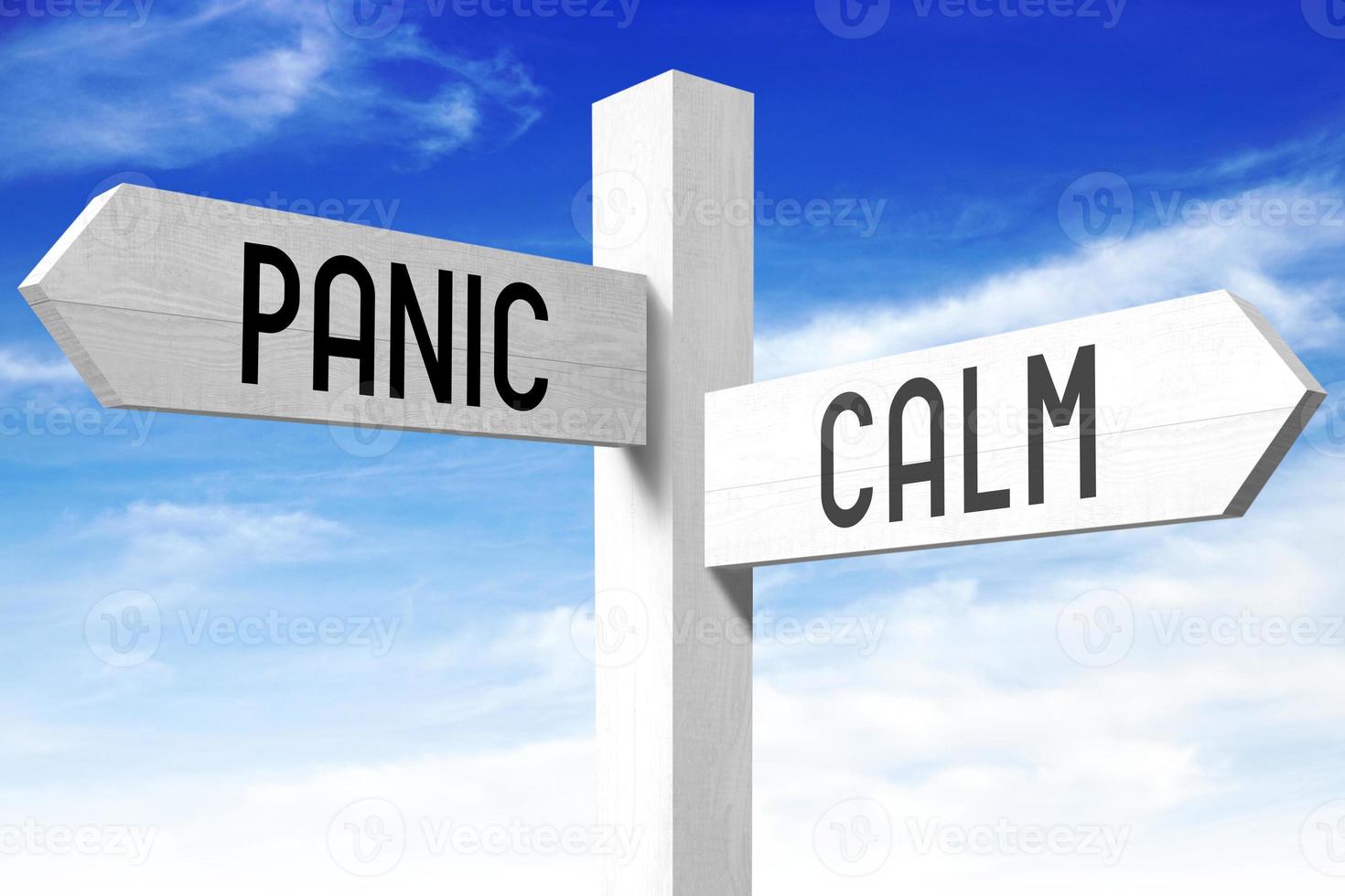 Panic, Calm - Wooden Signpost with Two Arrows and Sky in Background photo